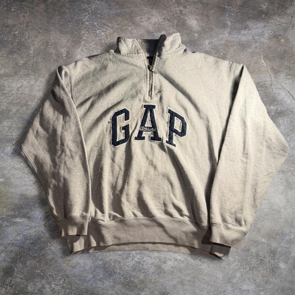 Vintage 90s GAP Athletic Gray Quarter Zip Spellout Sweatshirt Pullover Mens S